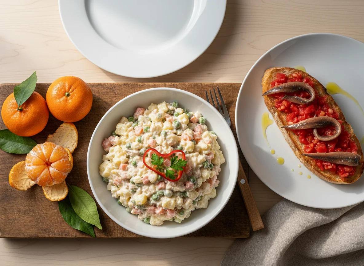 Comida variada con ensaladilla, tosta de anchoas y mandarinas photo