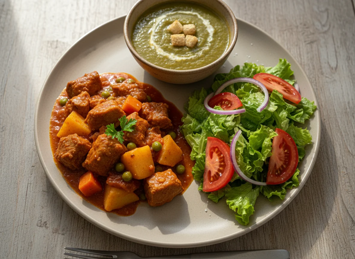 Comida variada con estofado, ensalada y crema photo