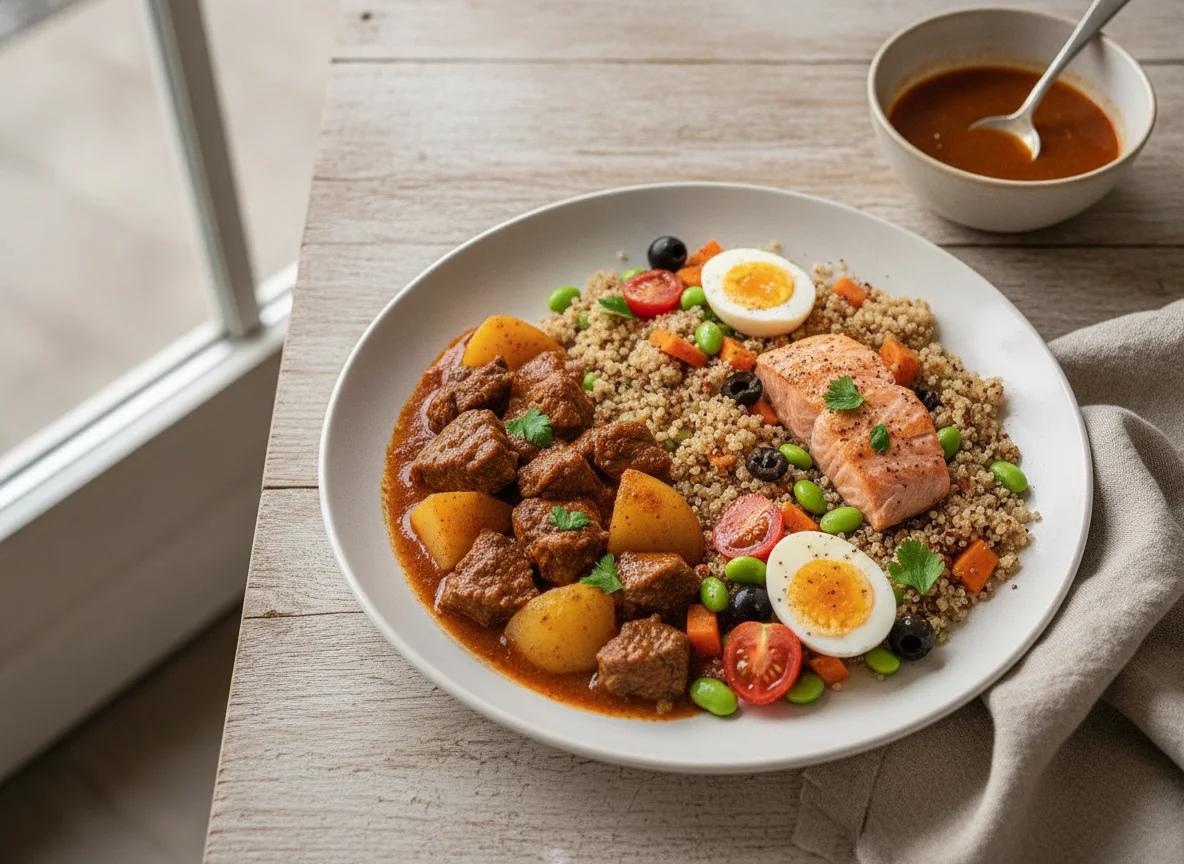Comida variada con estofado y ensalada de quinoa photo