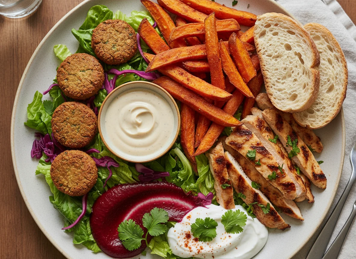 Comida variada con falafel, patatas dulces y pollo a la parrilla photo
