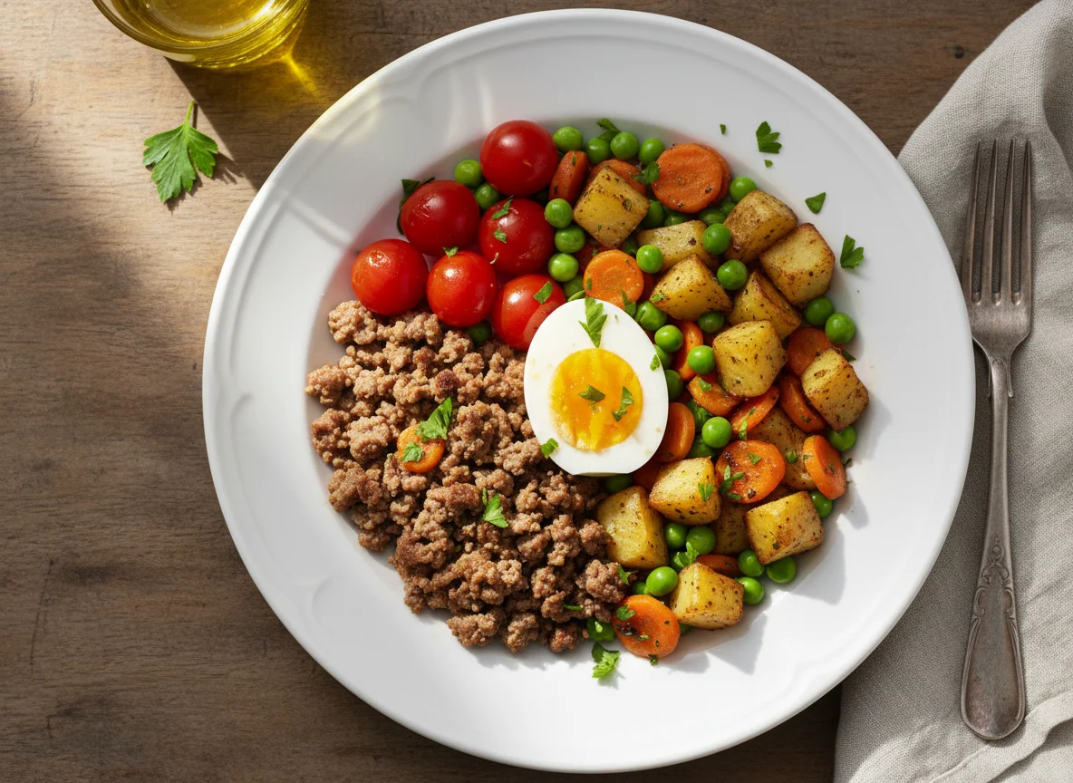 Comida variada con huevo, verduras y carne photo