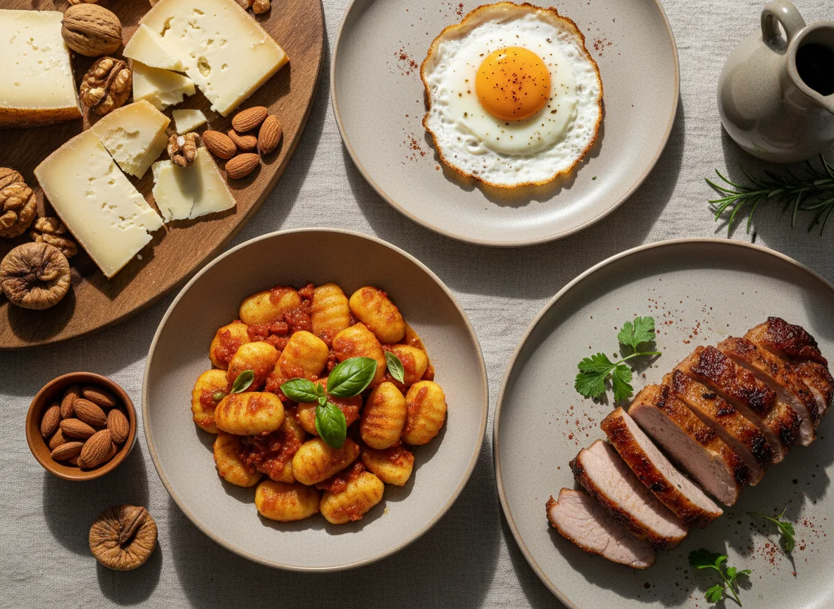 Comida variada con ñoquis, carne, huevos y tabla de quesos y frutos secos photo