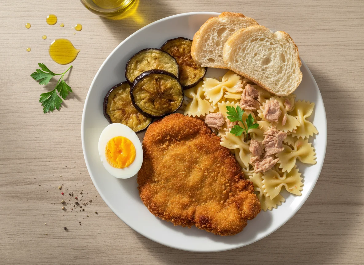 Comida variada con pasta y milanesa photo