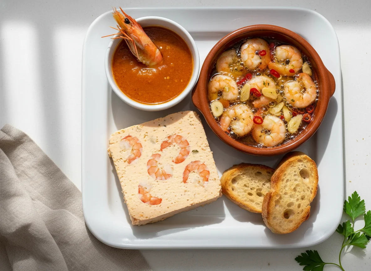 Comida variada con pastel de marisco y gambas al ajillo photo