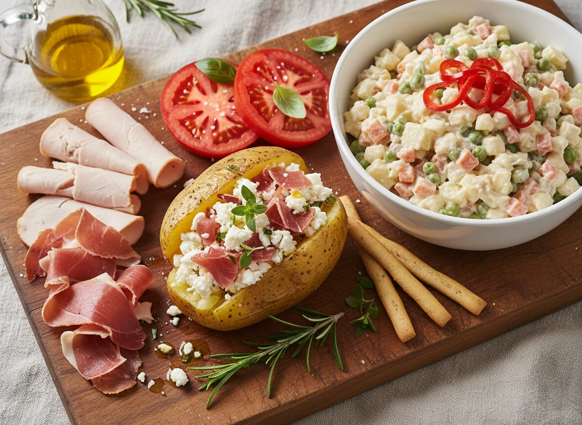 Comida variada con patata rellena y ensaladilla photo