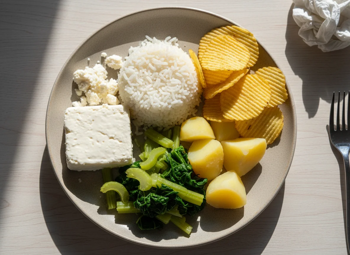 Comida variada con patatas, arroz, verduras, queso fresco y patatas fritas photo
