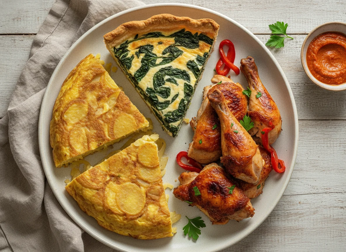 Comida variada con quiche, tortilla y pollo photo