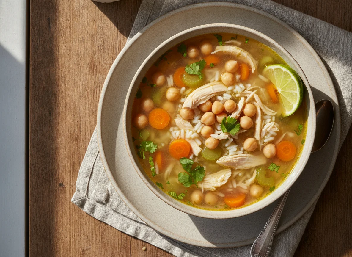 Consomé de pollo con garbanzos y arroz photo