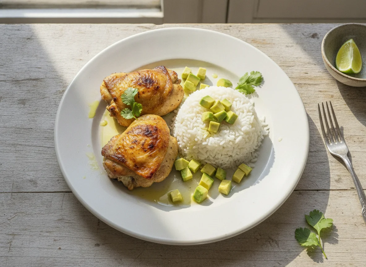Contramuslos de pollo con arroz y aguacate photo