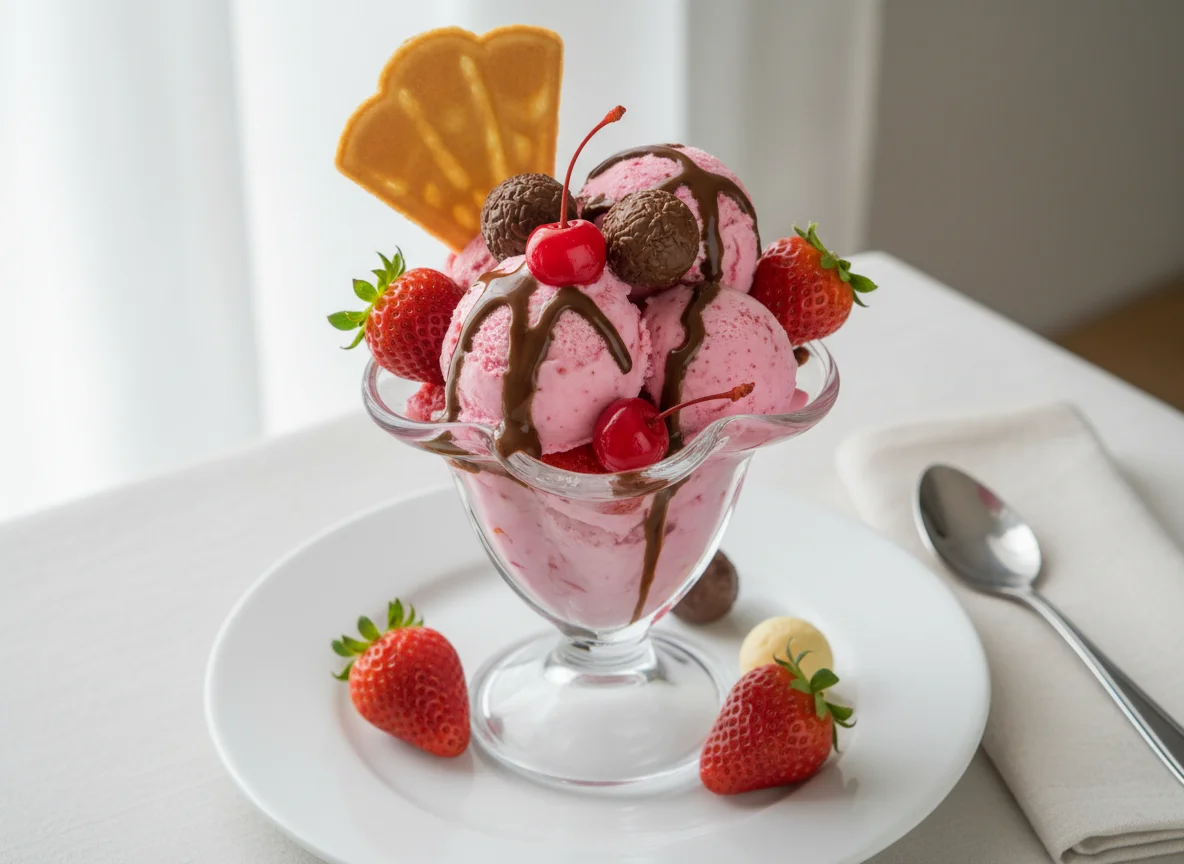 Copa de helado con fresas y chocolate photo