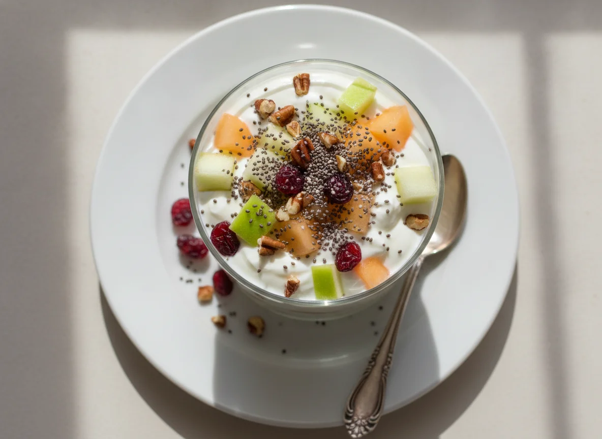 Copa de yogurt con frutas y semillas photo
