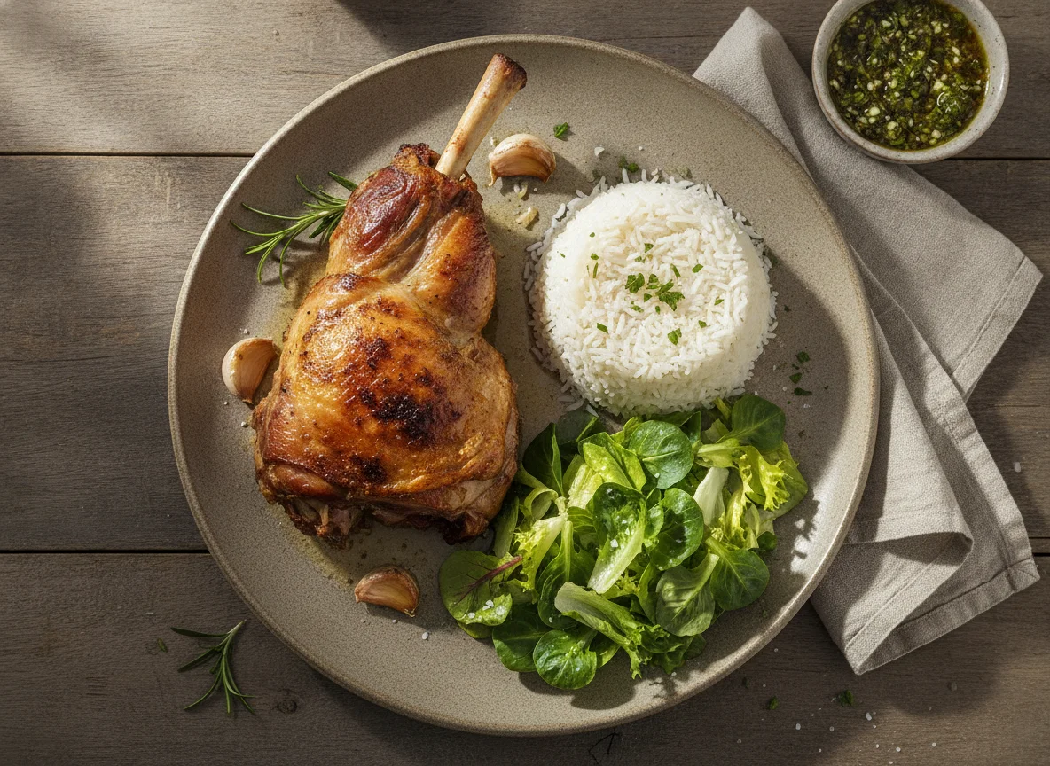 Cordero asado con arroz y ensalada de lechuga photo