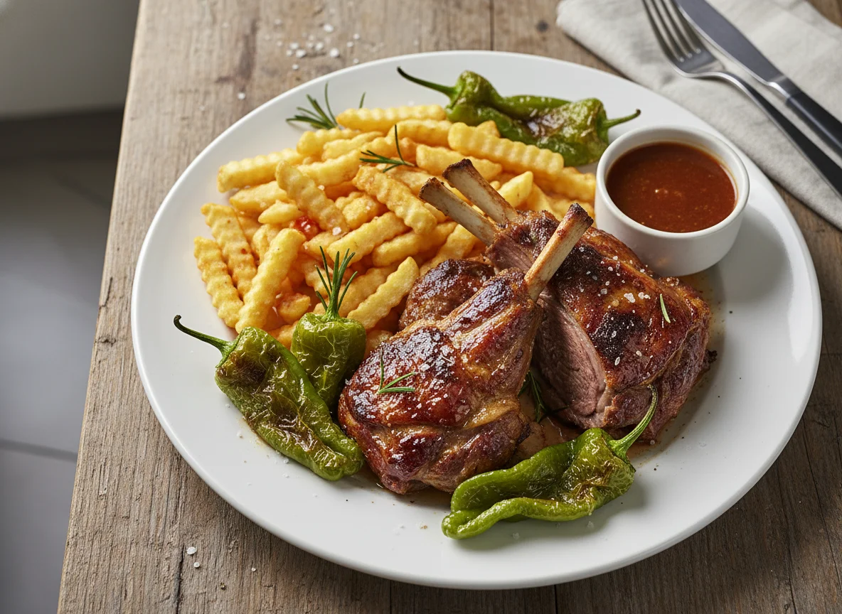 Cordero asado con patatas fritas y pimiento photo