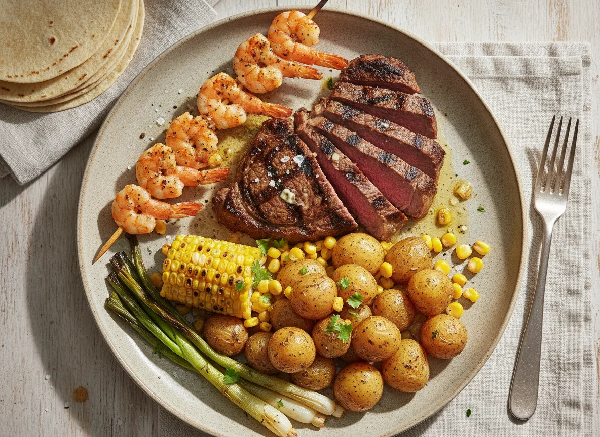 Corte de carne con camarones y guarniciones photo