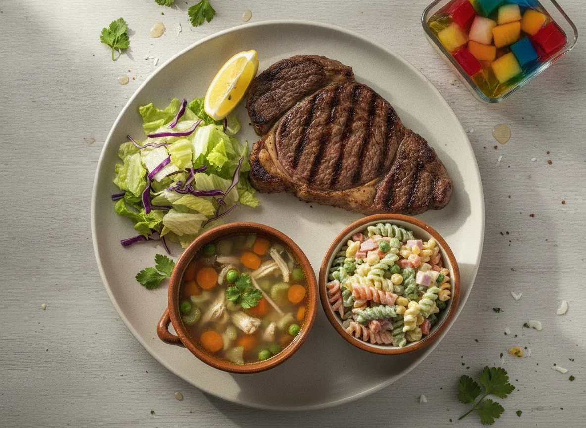 Corte de carne con ensalada, sopa y gelatina photo