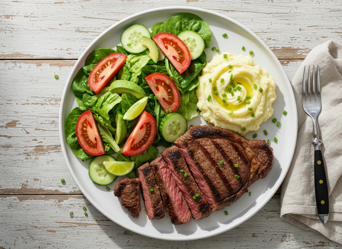 Corte de carne con ensalada y puré de papa photo