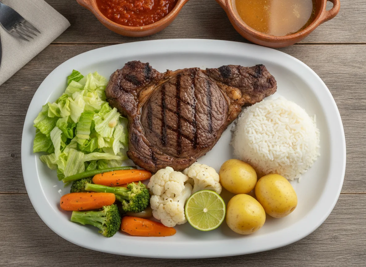 Corte de carne con guarniciones y ensalada photo