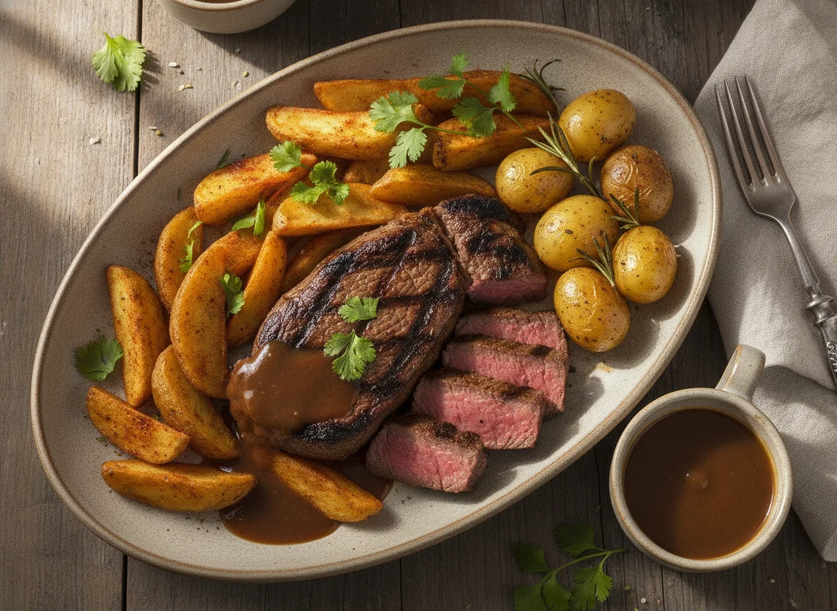 Corte de carne con papas gajo y salsa gravy photo