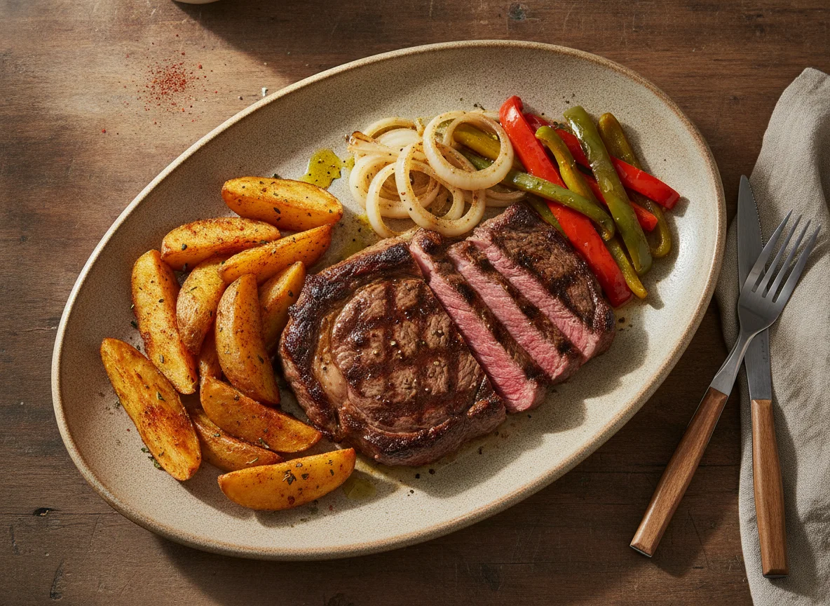 Corte de carne con papas y vegetales salteados photo