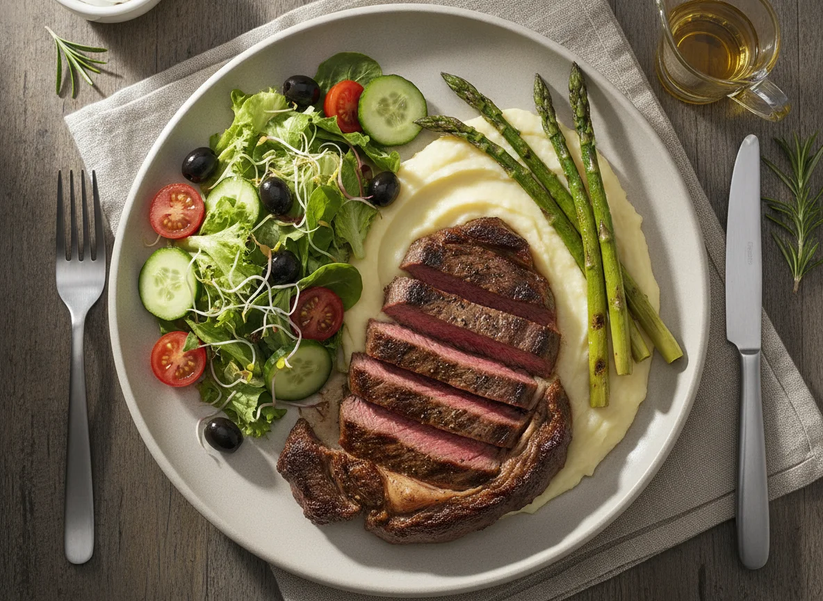 Corte de carne con puré de papa, espárragos y ensalada mixta photo