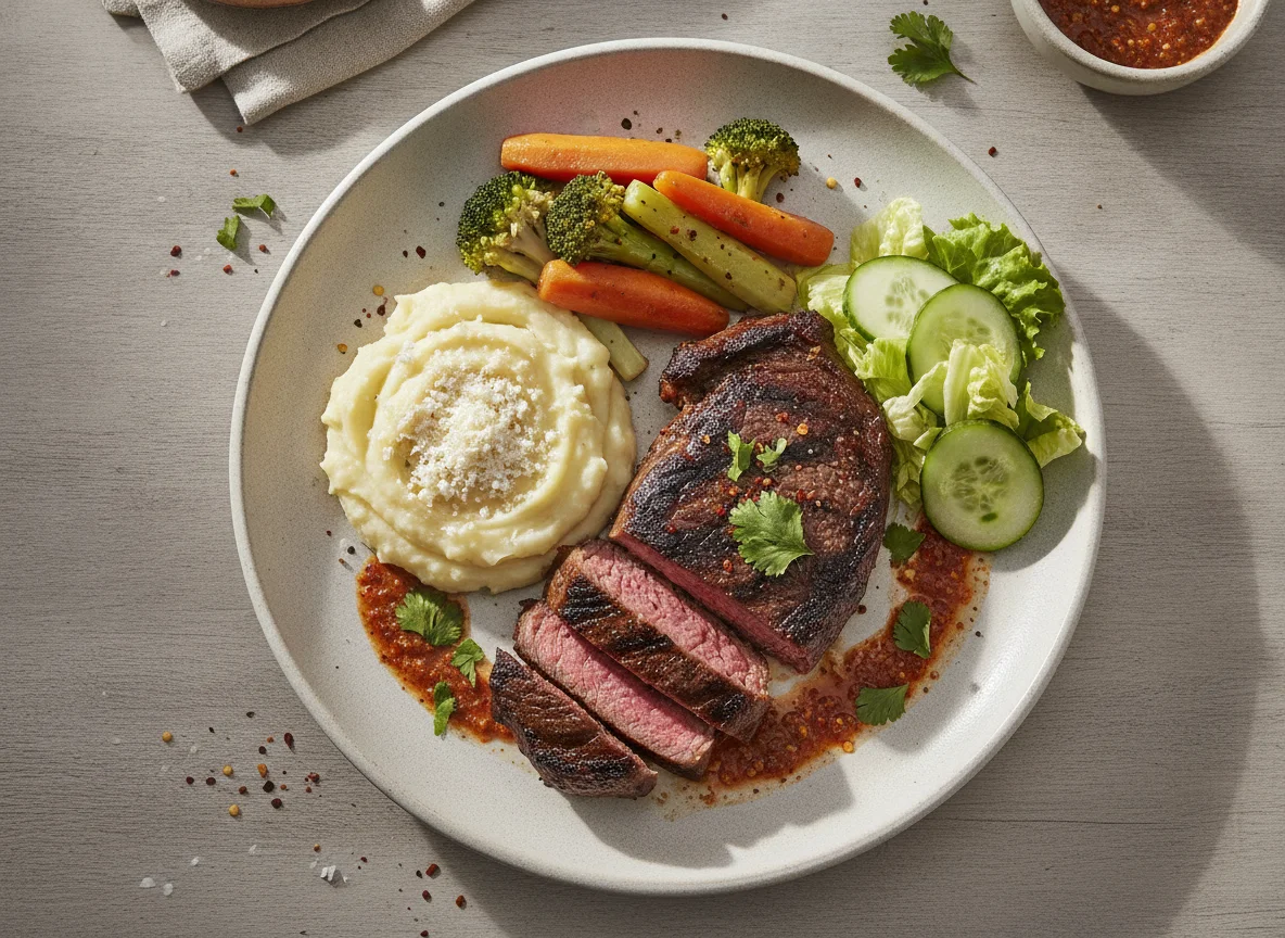 Corte de carne con puré de papa y verduras photo