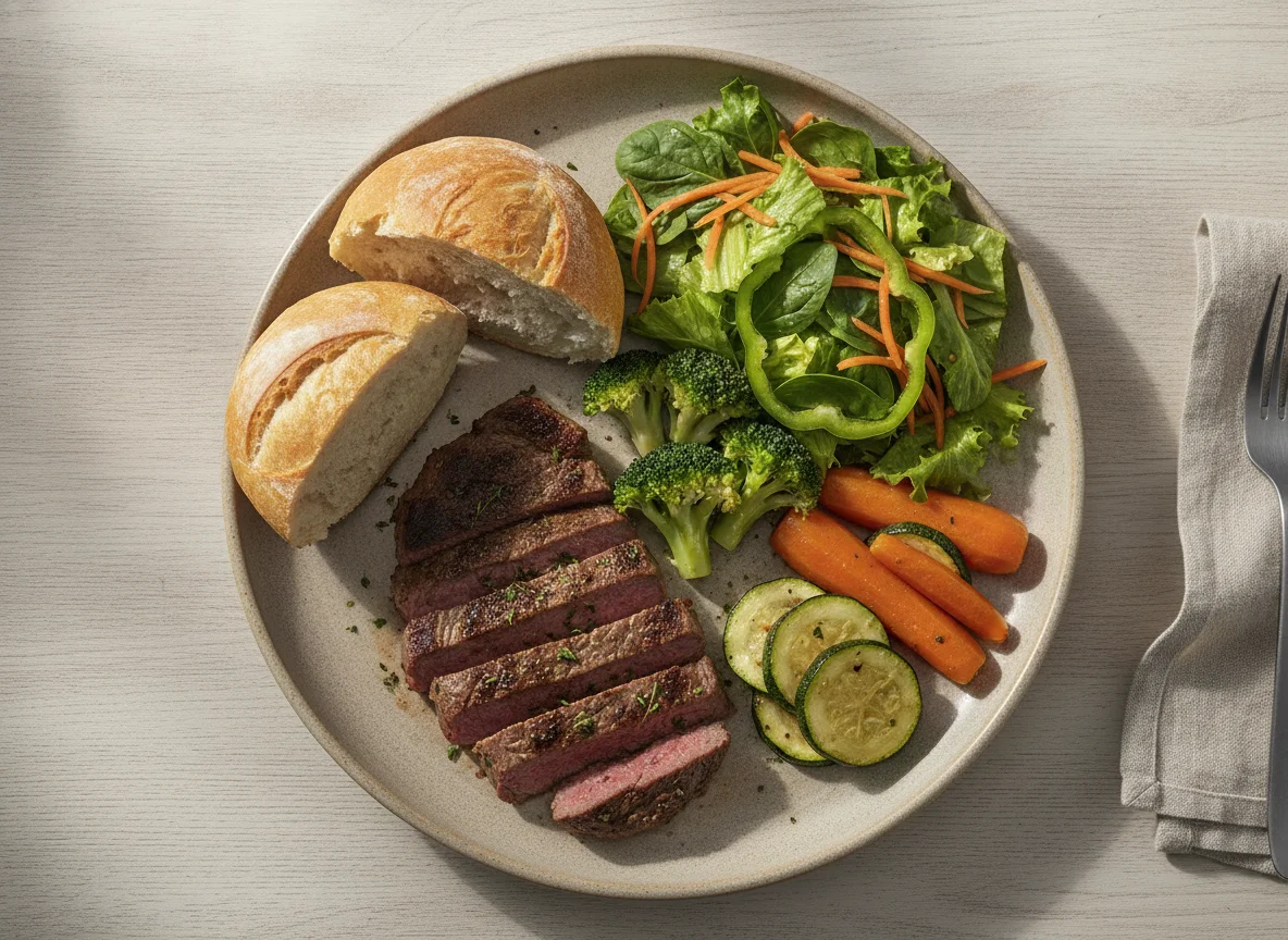 Corte de carne con vegetales y ensalada photo