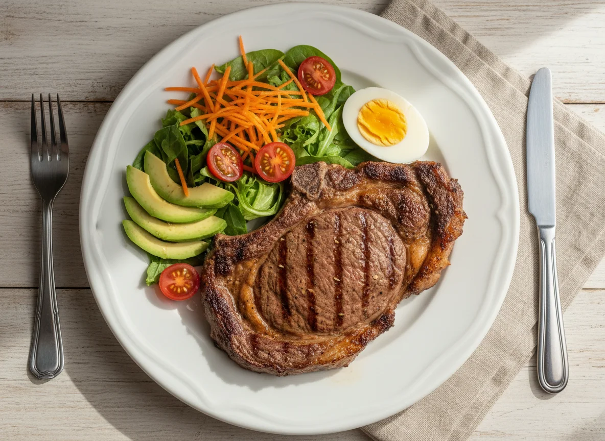 Costeleta de res con ensalada y huevo photo
