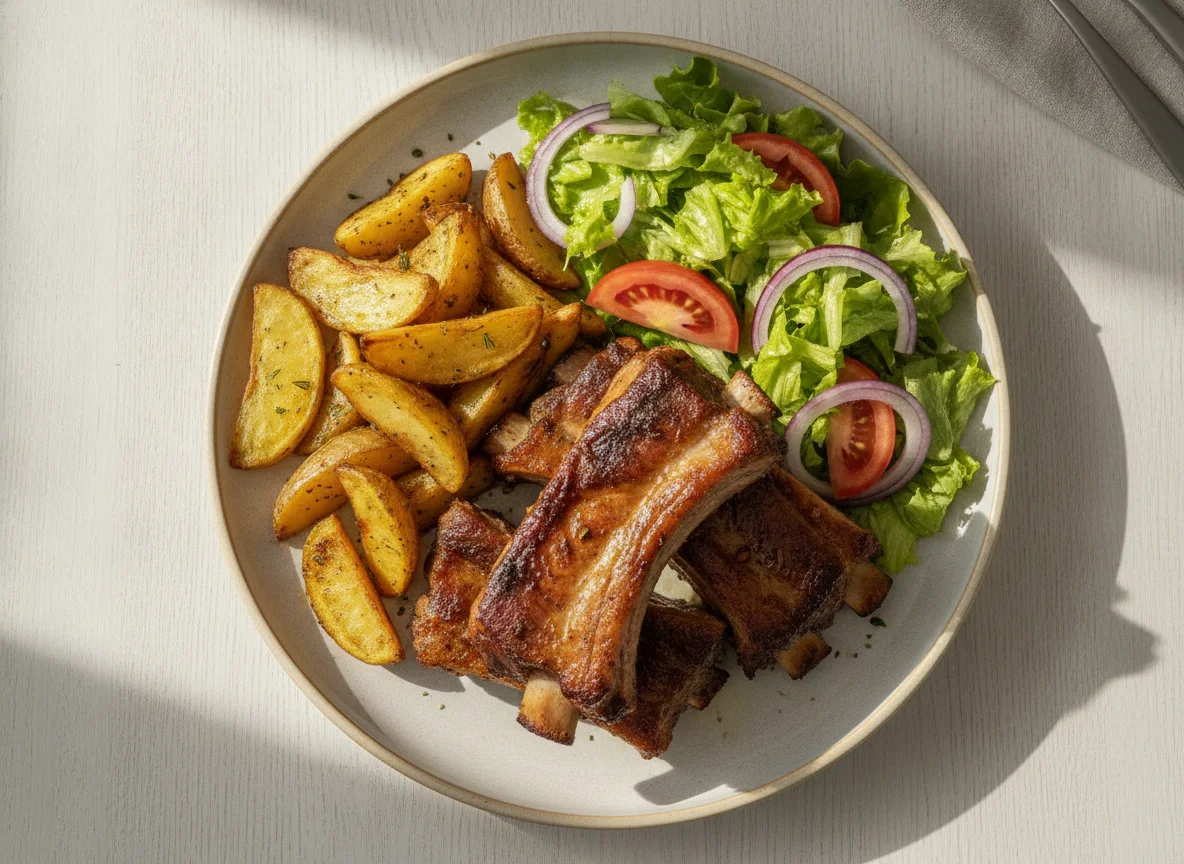 Costilla de cerdo asada con ensalada y papas photo