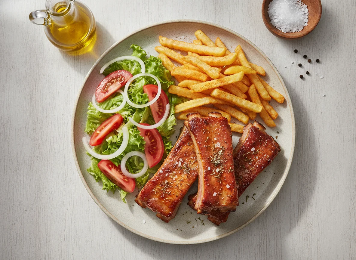Costilla de cerdo con papas fritas y ensalada photo