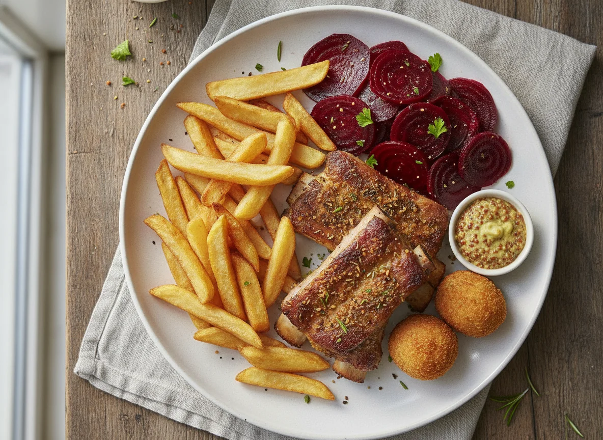 Costilla de cerdo con papas fritas y ensalada de remolacha photo