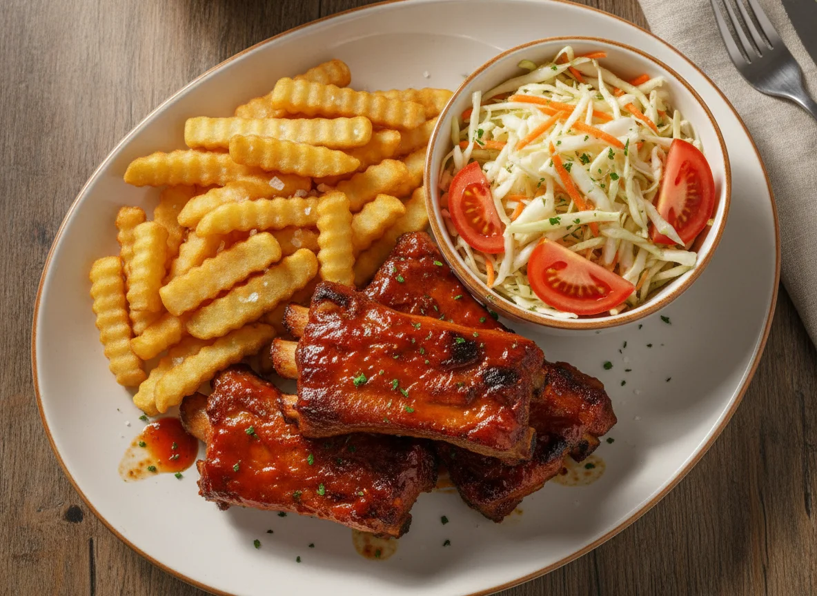 Costilla de cerdo con papas fritas y ensalada de repollo photo