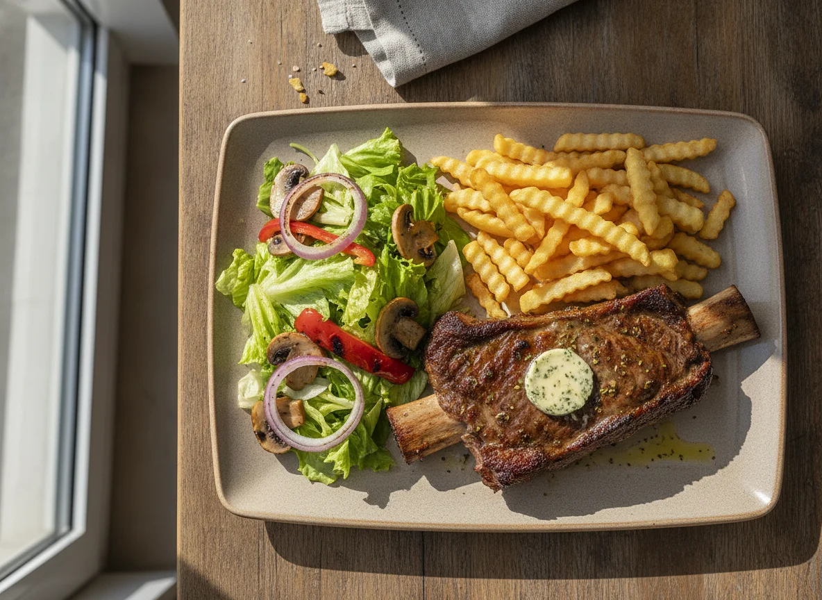 Costilla de res con papas fritas y ensalada photo