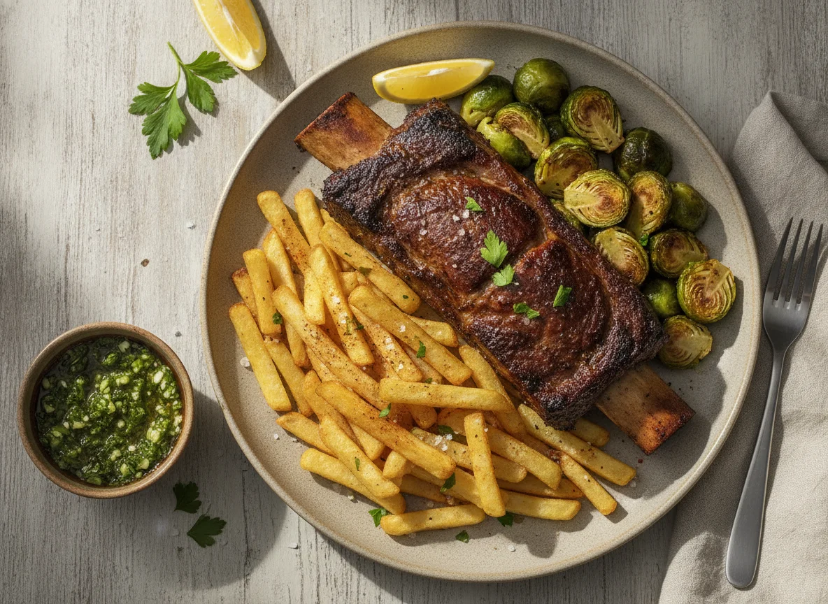 Costilla de ternera con patatas fritas y coles de Bruselas photo