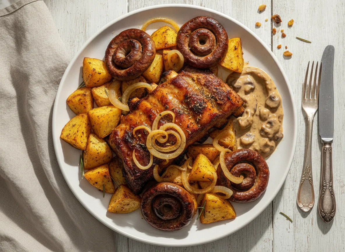 Costillar de cerdo con papas rústicas y longaniza photo