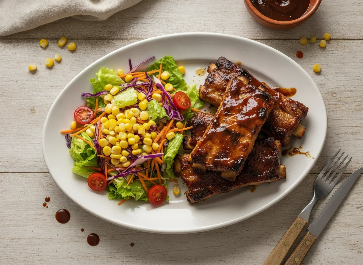 Costillar de cerdo con salsa BBQ y ensalada mixta photo
