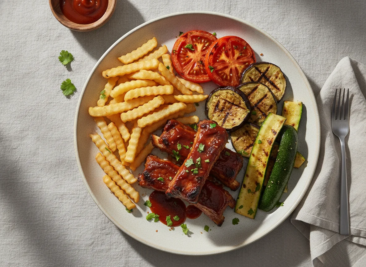 Costillas a la barbacoa con patatas fritas y verduras a la parrilla photo