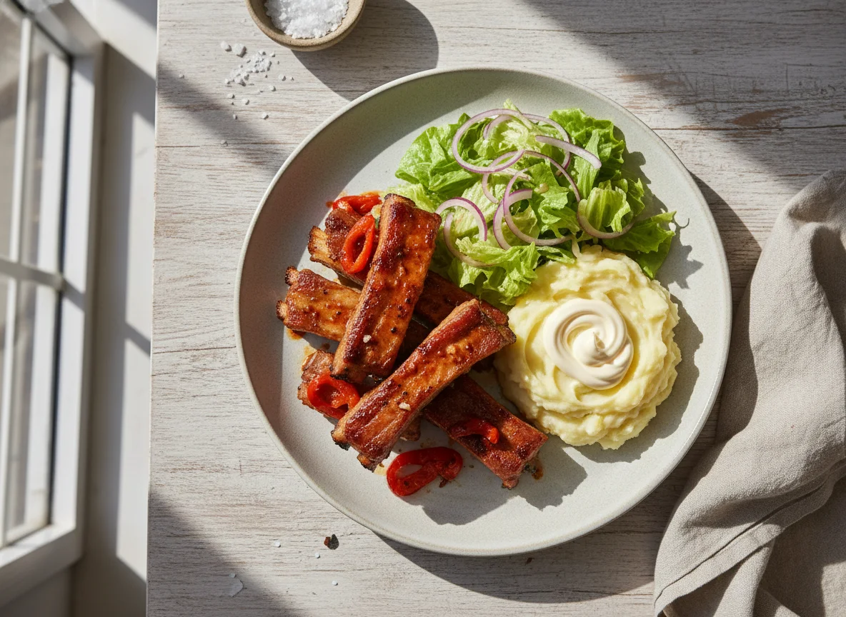 Costillas con ensalada y puré photo
