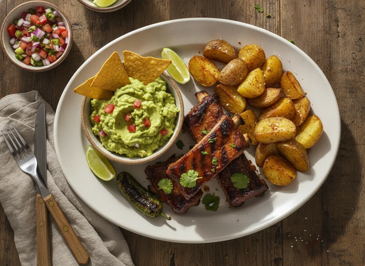 Costillas de cerdo a la parrilla con patatas y guacamole photo