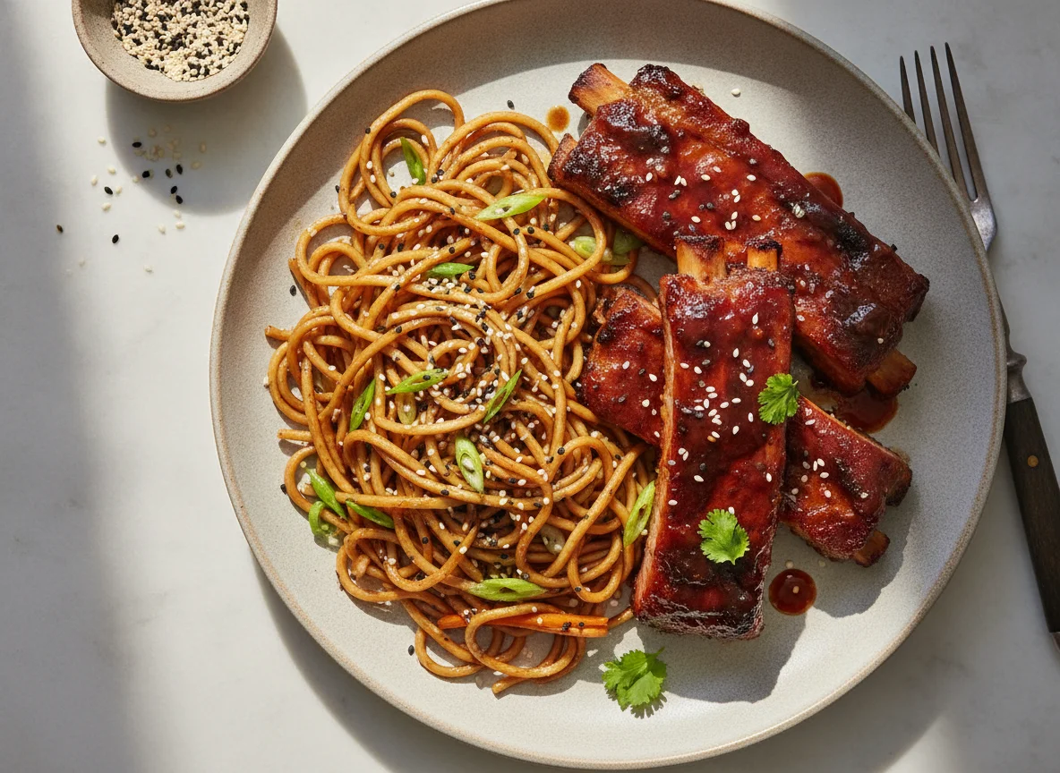Costillas de cerdo BBQ con fideos orientales photo