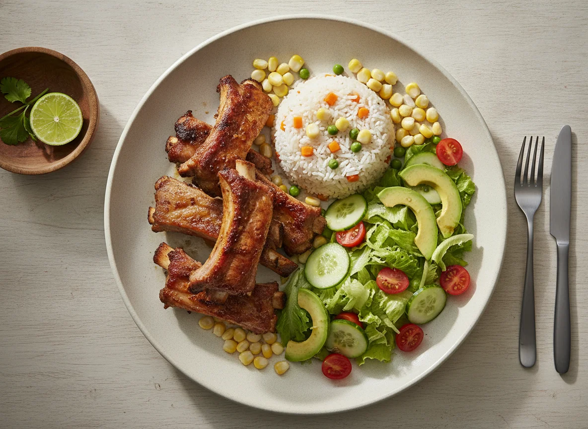 Costillas de cerdo con arroz, choclo y ensalada de palta photo