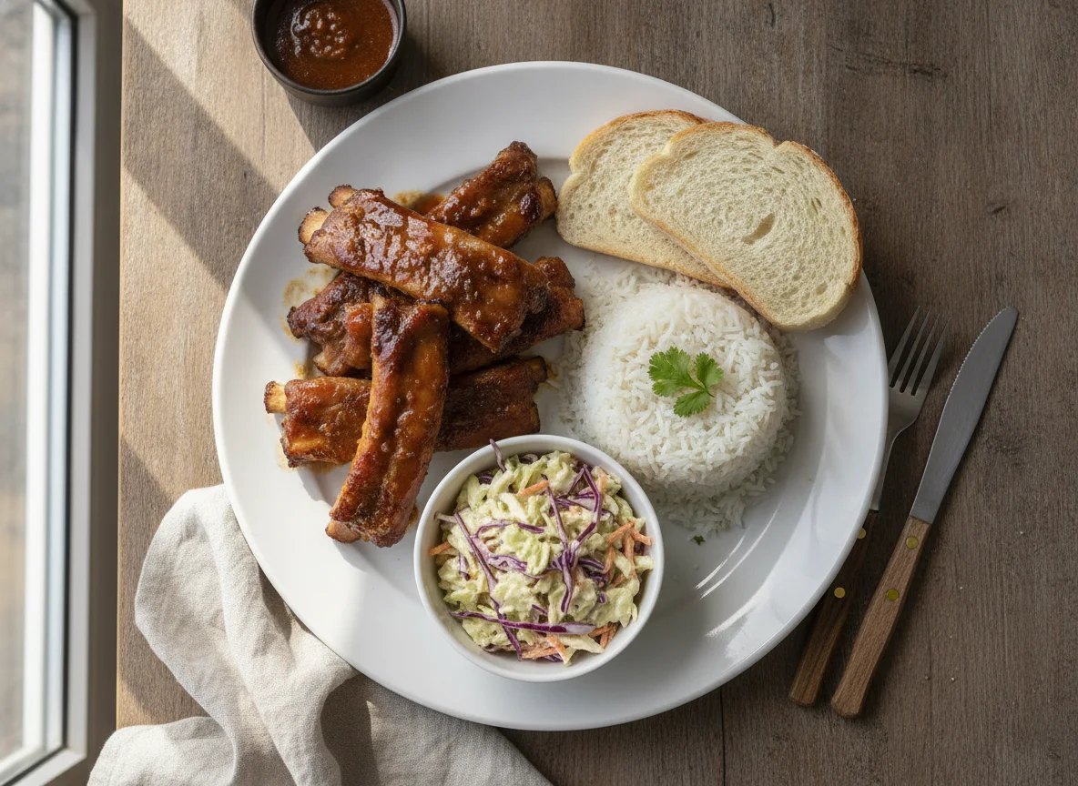 Costillas de cerdo con arroz, ensalada de col y pan photo