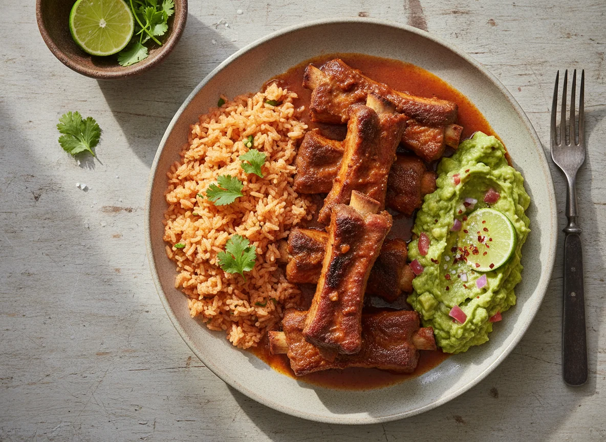 Costillas de cerdo con arroz rojo y guacamole photo
