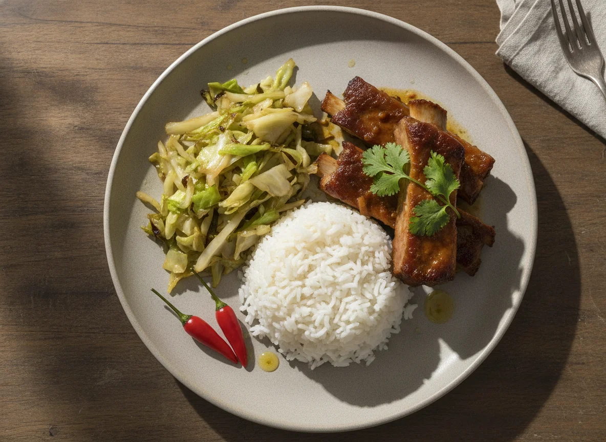 Costillas de cerdo con arroz y col salteada photo