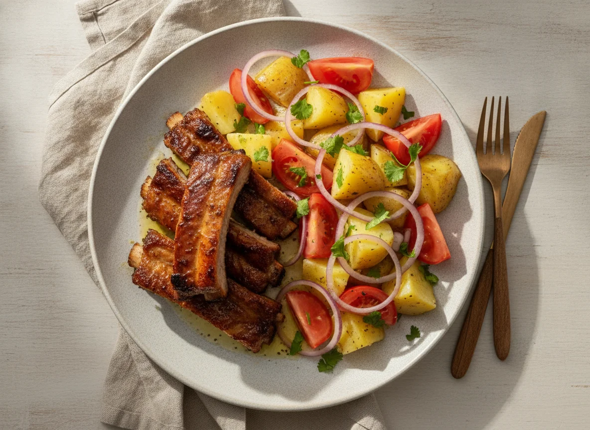Costillas de cerdo con ensalada de papa y tomate photo