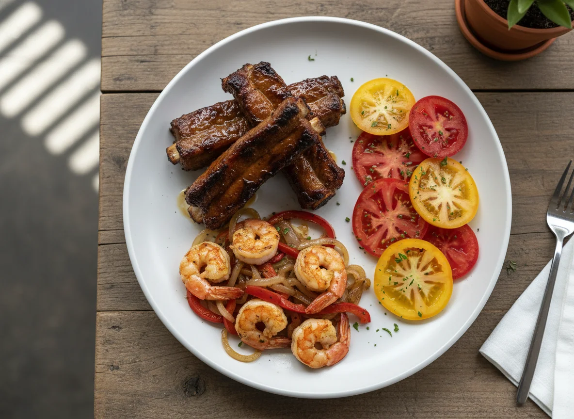 Costillas de cerdo con gambas salteadas y ensalada de tomate photo