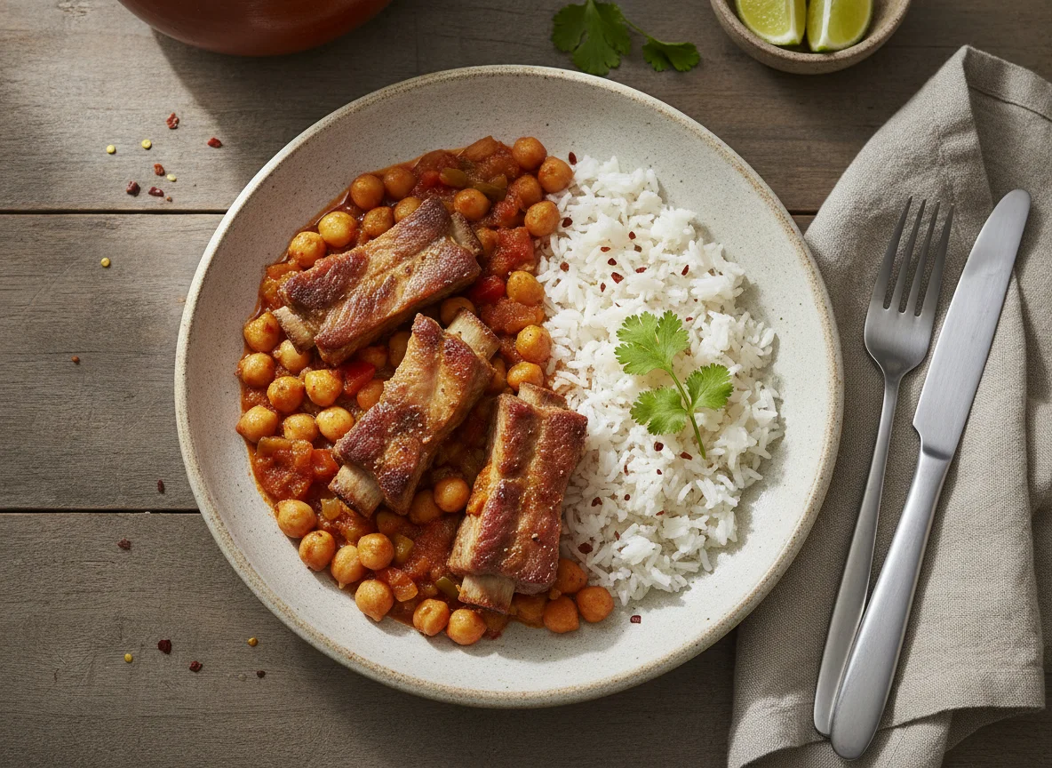 Costillas de cerdo con garbanzos y arroz photo