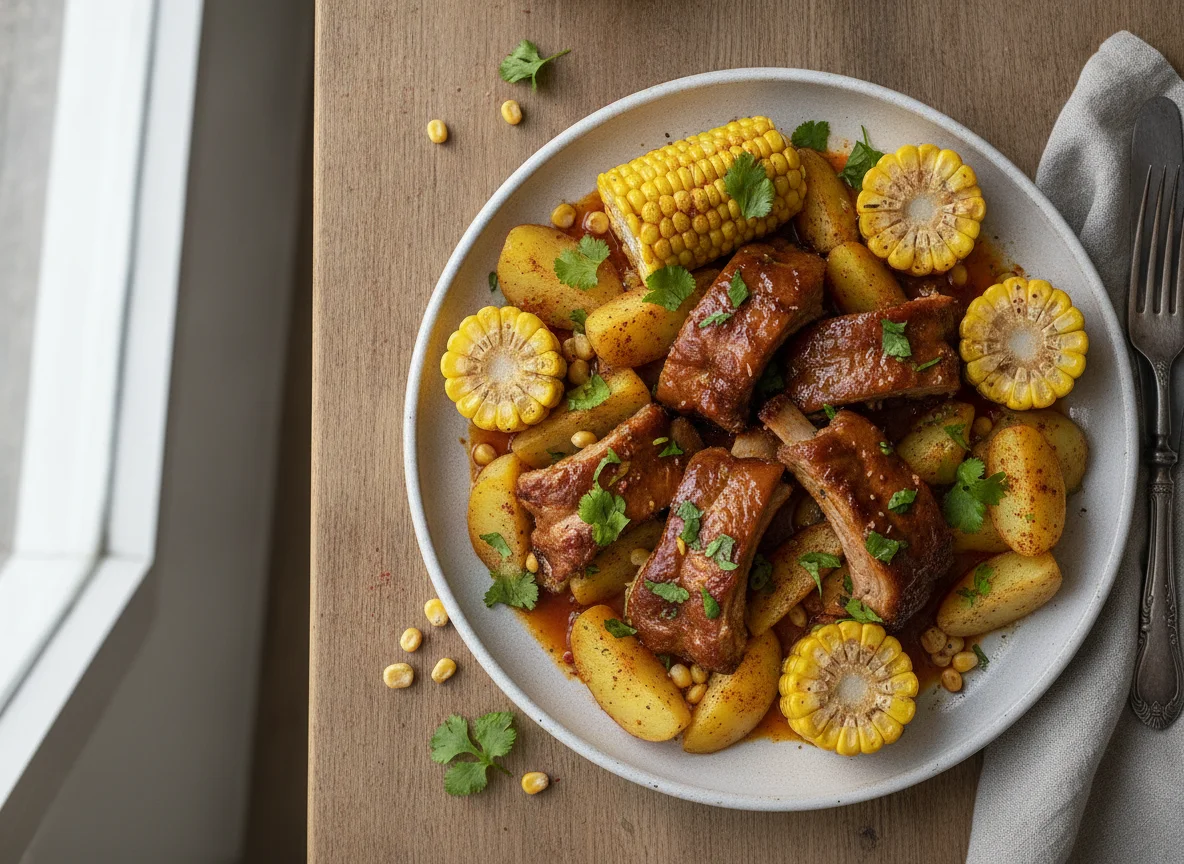 Costillas de cerdo con maíz y patatas photo
