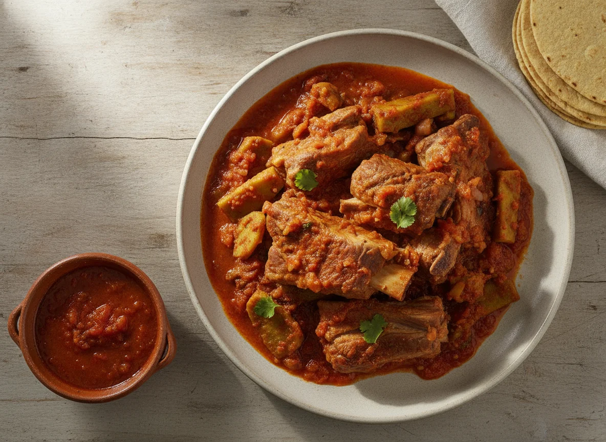 Costillas de cerdo con nopales en salsa roja photo