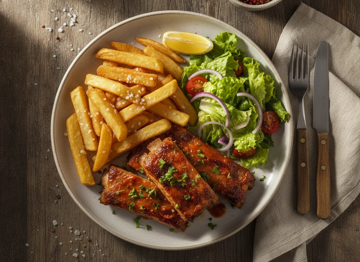 Costillas de cerdo con papas fritas y ensalada photo