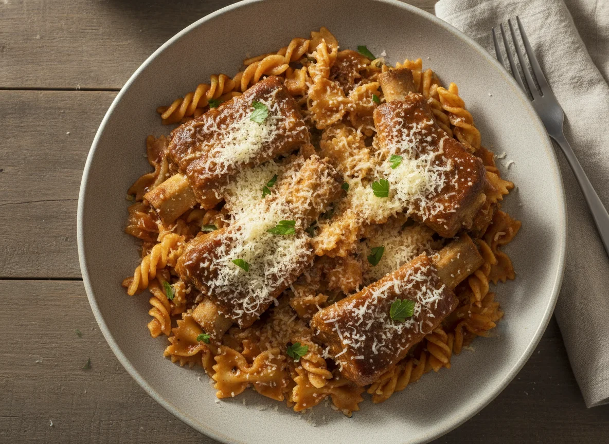 Costillas de cerdo con pasta y queso photo